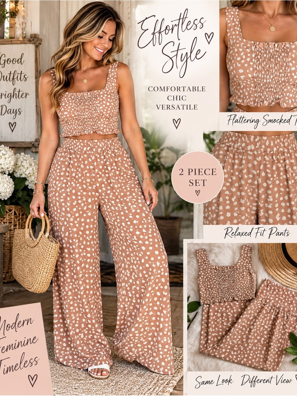 Thread & Supply Beige Spot Smocked Crop Top with Wide Leg Pants
